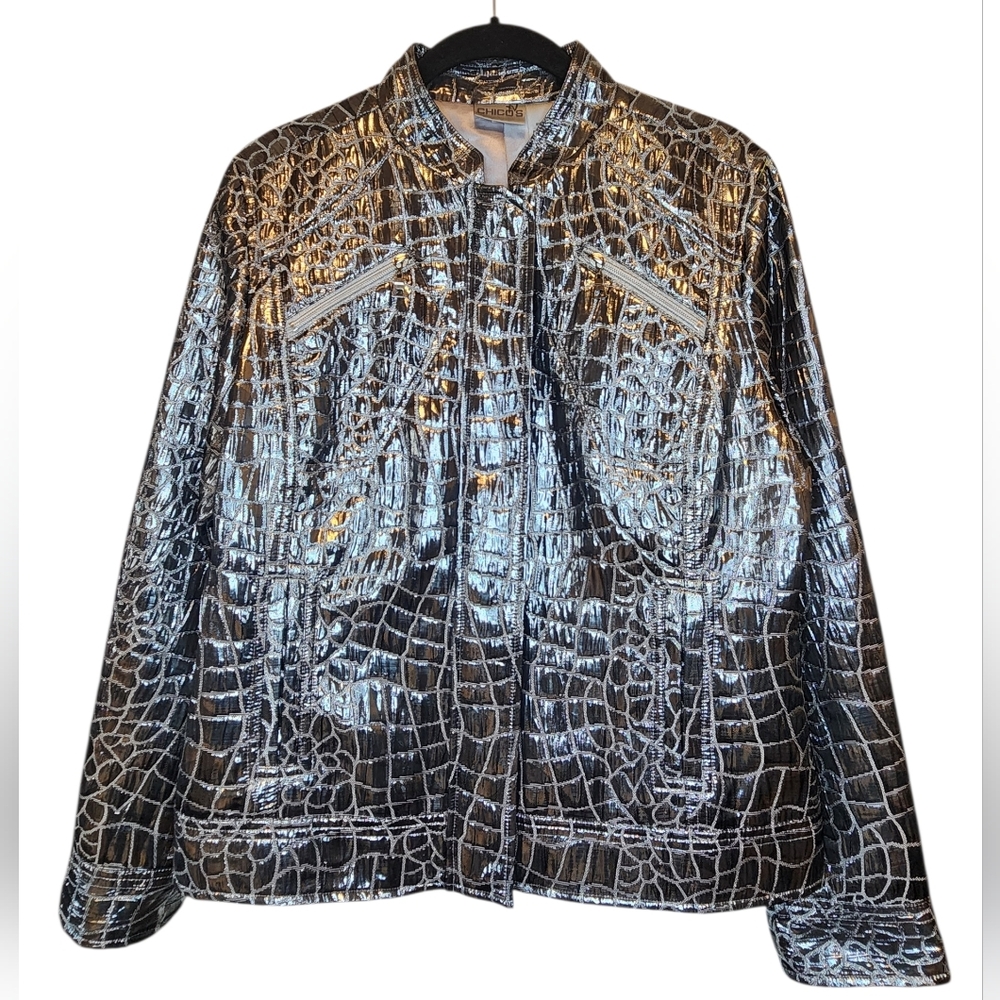 Chico's metallic silver croc-embossed jacket - size 1